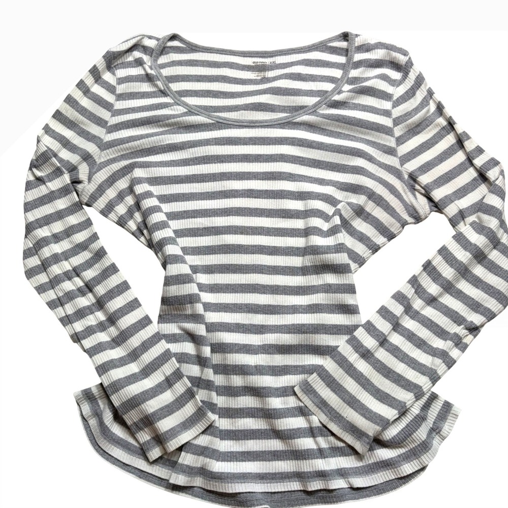Y2K Chic XXL Gray White Striped Ribbed Long Sleeve Scoop Neck Top 1142
